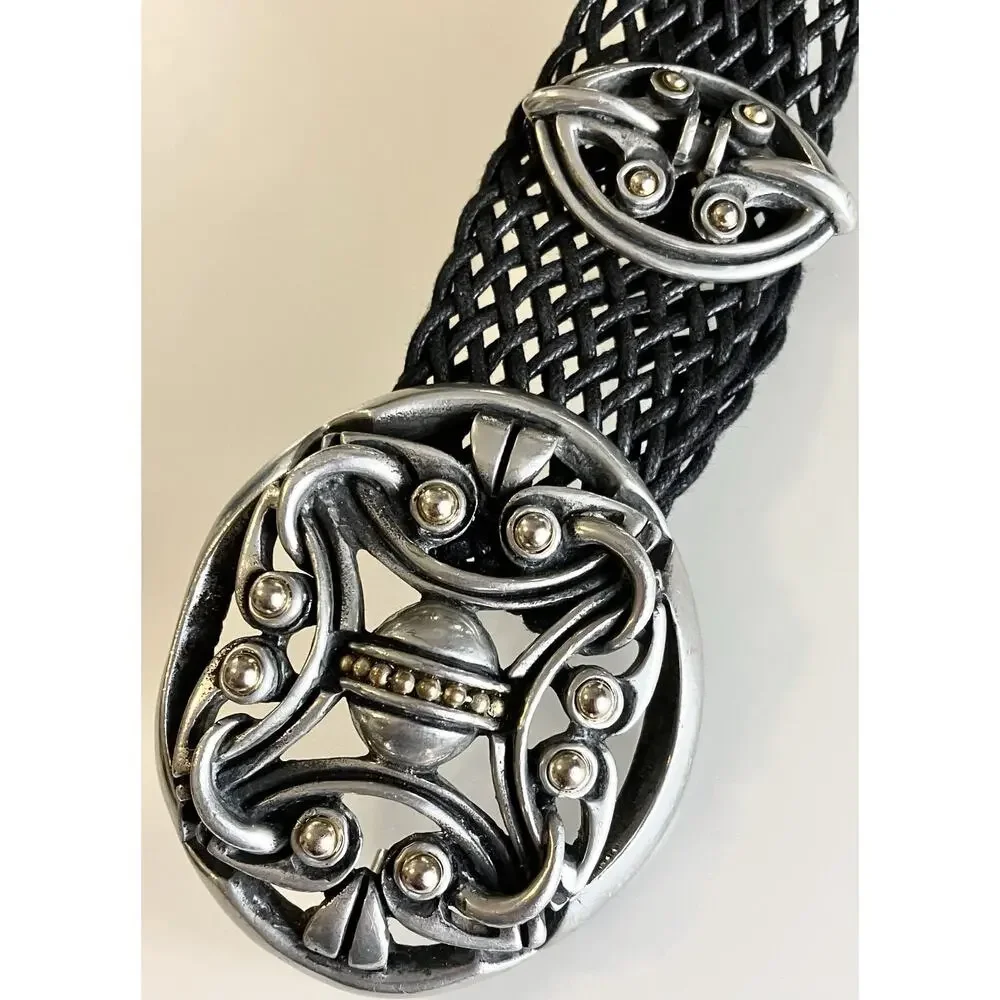 Vintage Modernist Artist Buckle Pewter, Brass Nouveau Statement Woven Mesh Belt - Picture 3 of 6